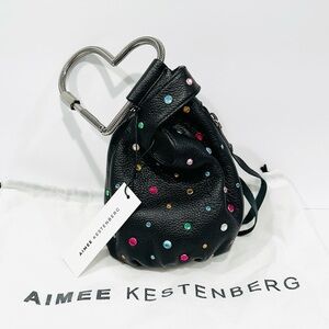 NWT Aimee Kestenberg All My Heart Black Leather Rainbow Rhinestone Heart Bag